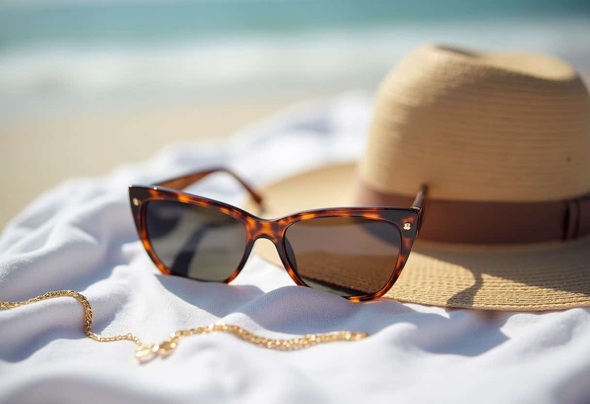 freepik__the-style-is-candid-image-photography-with-natural__99597 sunglasses and a hat on a beach towel