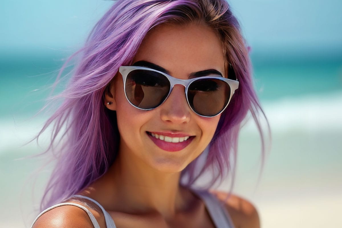lyra-kade-in-sunglasses A stylish close-up of a woman wearing modern sunglasses on a bright sunny day, with the reflection of the beach and sky in the lenses. The mood is fresh and confident, highlighting both fashion and the importance of UV eye protection. Editorial, lifestyle-magazine quality.