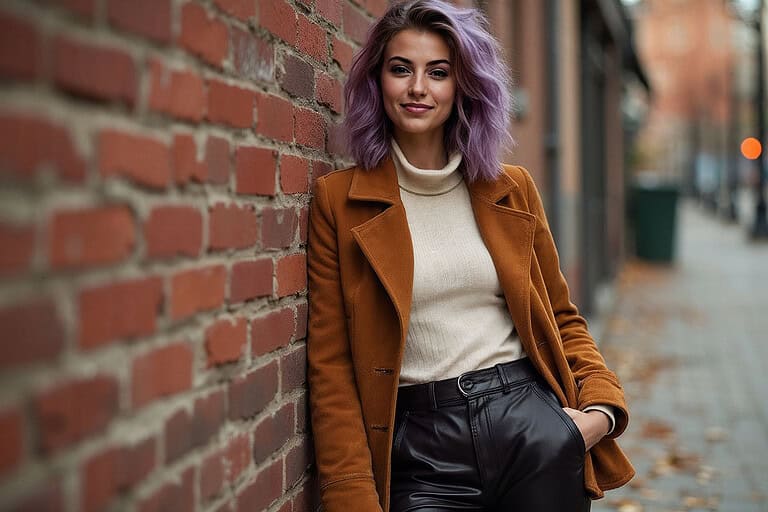 Lyra kade the author leaning casually against a brick wall, wearing a cropped suede shacket in camel brown over a cream turtleneck. She pairs it with leather trousers and chunky boots. Autumn street scene with warm tones, textured background, softly falling leaves. Fashion photography, sharp focus on outfit details.