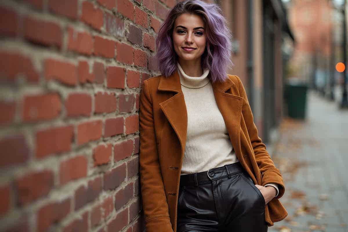 Lyra kade the author leaning casually against a brick wall, wearing a cropped suede shacket in camel brown over a cream turtleneck. She pairs it with leather trousers and chunky boots. Autumn street scene with warm tones, textured background, softly falling leaves. Fashion photography, sharp focus on outfit details.