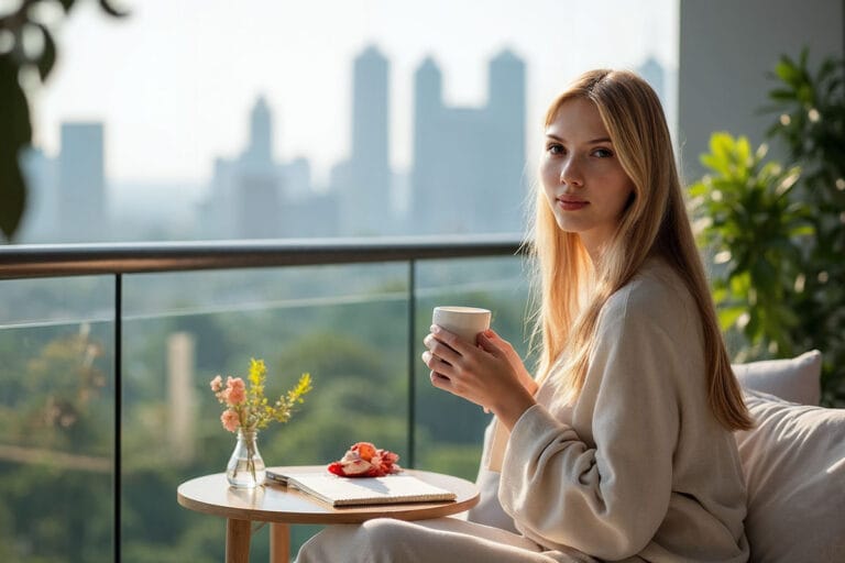 A mode starting her morning on a stylish balcony overlooking a city skyline. She wears comfortable yet elegant loungewear, holding a cup of coffee with a journal and fresh fruit breakfast on a small table. The atmosphere is modern, aspirational, and serene — capturing the essence of a balanced, mindful morning routine in 2025. Bright natural light, clean tones, magazine-style composition.