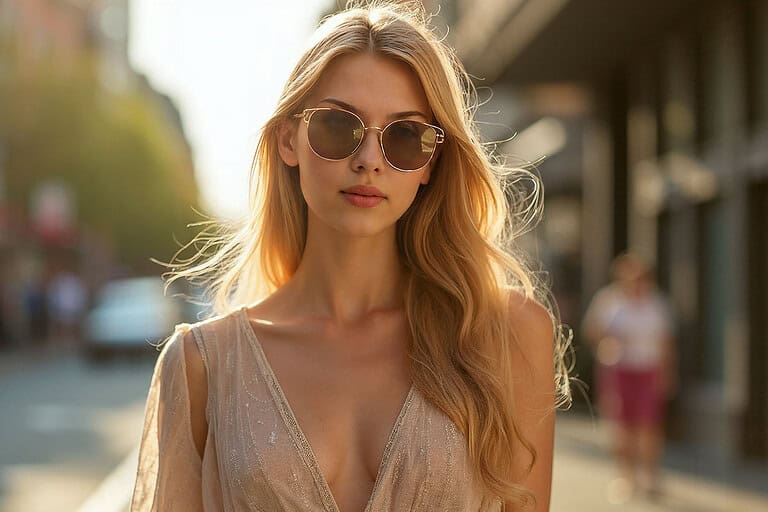 High-fashion editorial photo of a stylish woman wearing oversized designer sunglasses, standing confidently on a sunny city street. She’s dressed in chic summer fashion — flowy dress and statement accessories — with sunlight reflecting off the lenses. The image should feel modern, aspirational, and magazine-quality, capturing the essence of Best Sunglasses 2025.