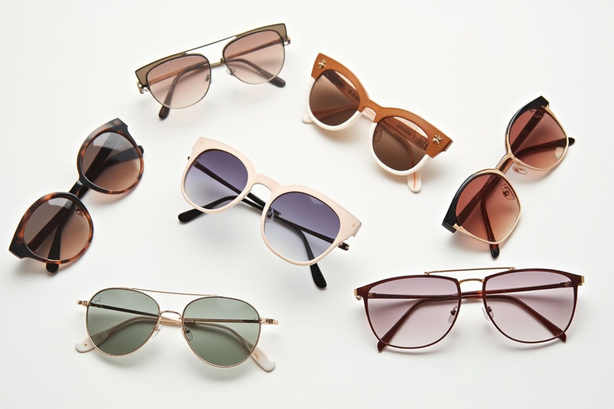 rendernet_media_img_ztNv63rF0L Flat lay of multiple trendy sunglasses arranged neatly on a minimalist white background, each in a different style (aviator, cat-eye, round, oversized). The image feels clean, chic, and informative, visually representing choice and versatility. High-fashion editorial style