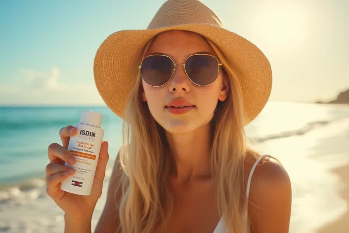 a blogger named sophia on a beach holding a bottle of suncream on a warm summers day
