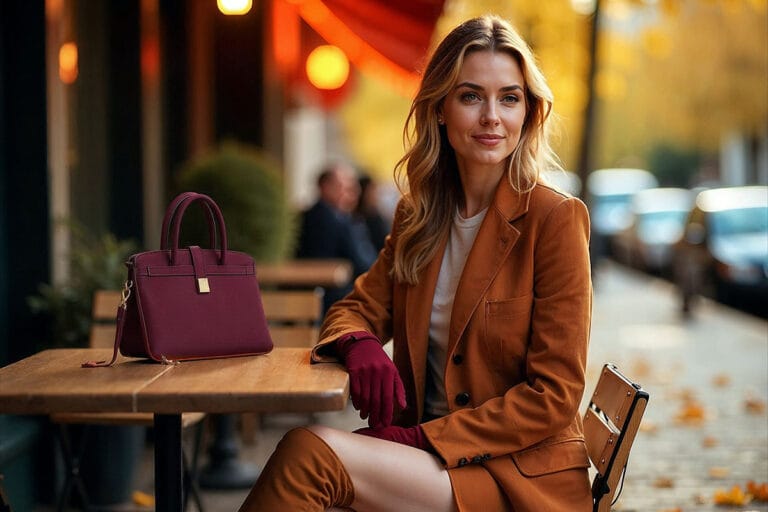 woman sitting in a cafe in autumn wearing jack gloves and a Saige Faux Suede Tote Bag visiable on the table