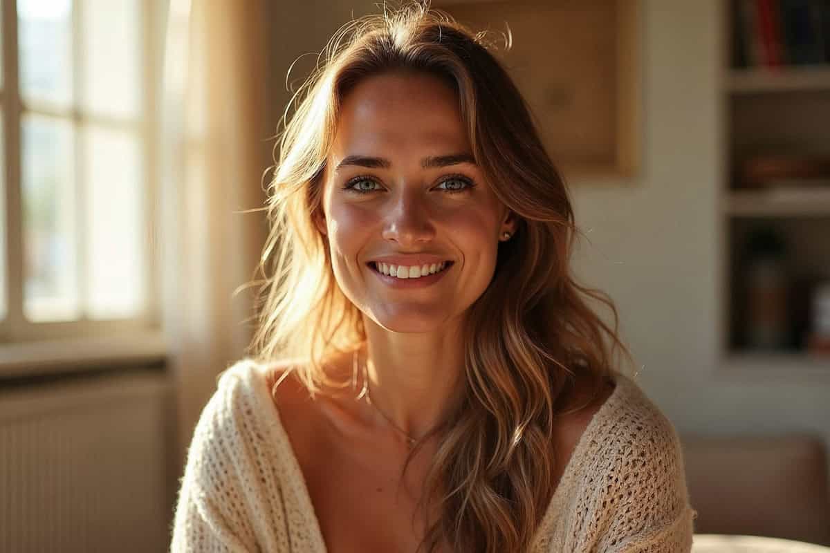 Editorial lifestyle portrait of a confident woman smiling with luminous glowing skin, natural light streaming through a window