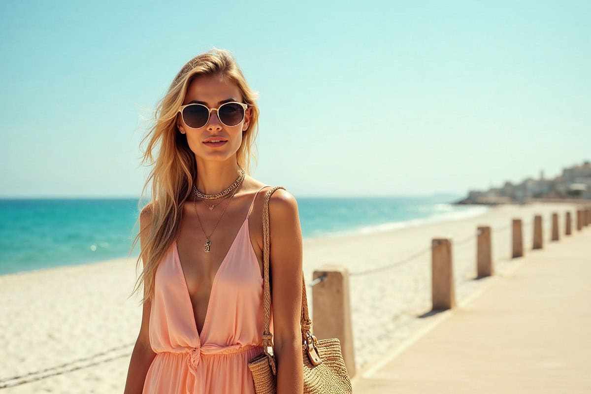 woman standing by the beach in the midday sunshine