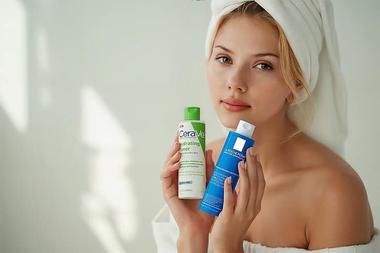 Sophia valtine holding 2 bottles of Best Toners 2025, she is in the bathroom with a towel on her head