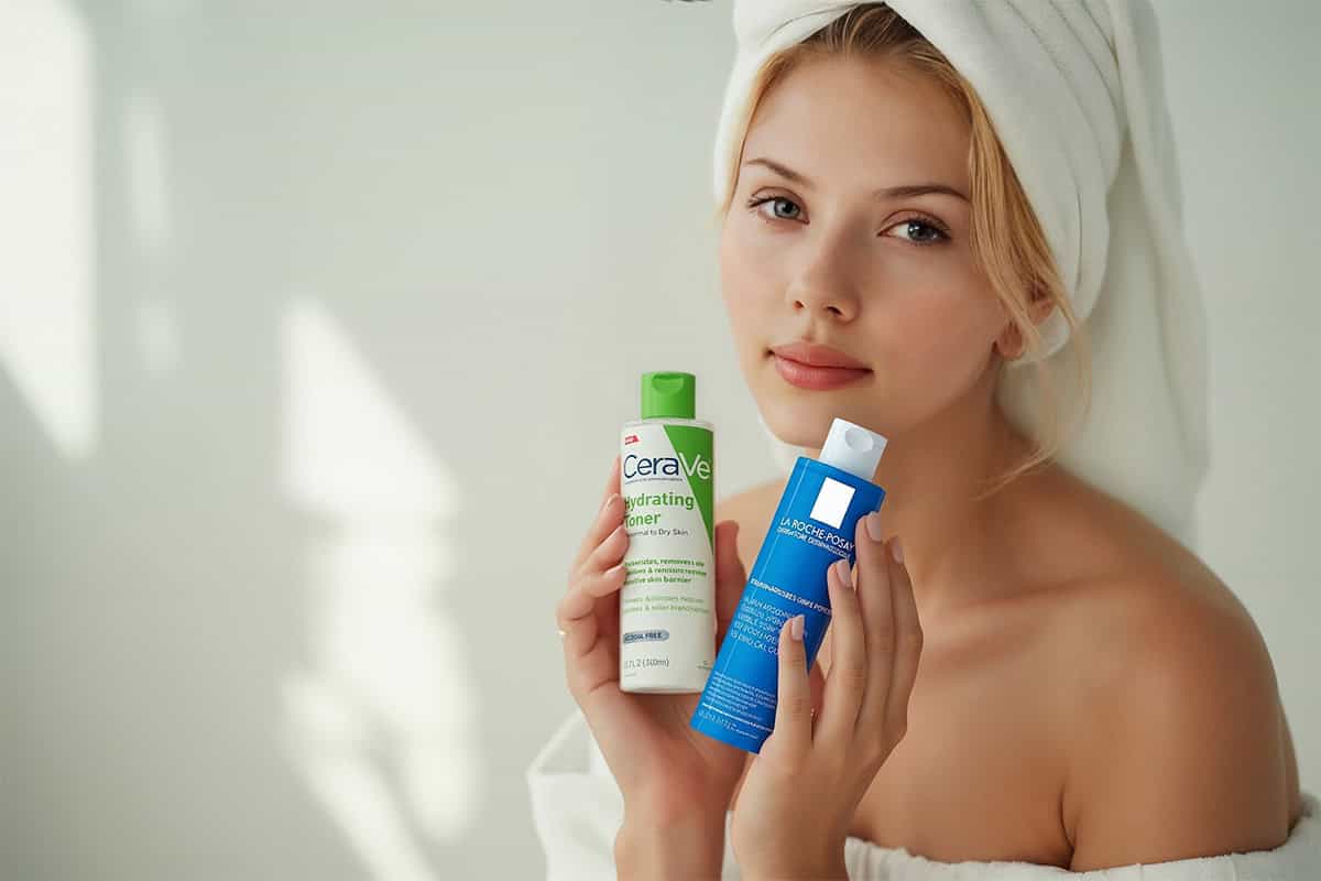 Sophia valtine holding 2 bottles of Best Toners 2025, she is in the bathroom with a towel on her head