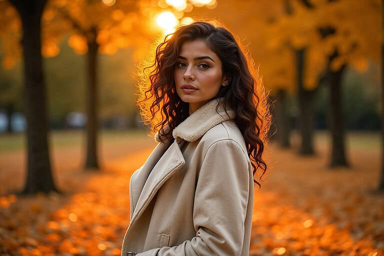 A Middle Eastern model woman with curly brown hair cascading down her shoulders, wearing a luxurious, faux fur-trimmed fall coat in cream, posing dramatically in a park in autumn, with a thick blanket of colorful leaves covering the ground at twilight.