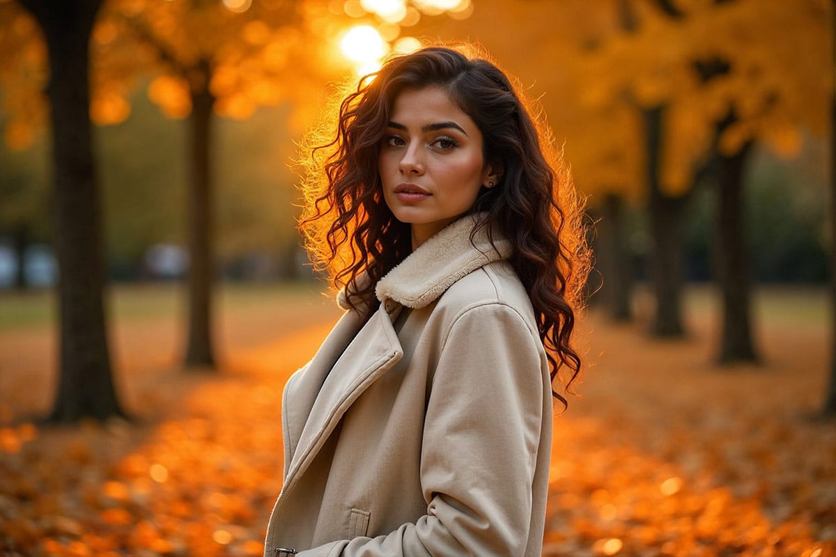 A Middle Eastern model woman with curly brown hair cascading down her shoulders, wearing a luxurious, faux fur-trimmed fall coat in cream, posing dramatically in a park in autumn, with a thick blanket of colorful leaves covering the ground at twilight.