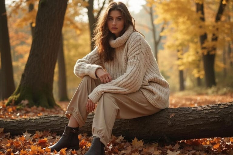 woman sitting on a tree truck, winter time wearing Chunky Knit Jumpers