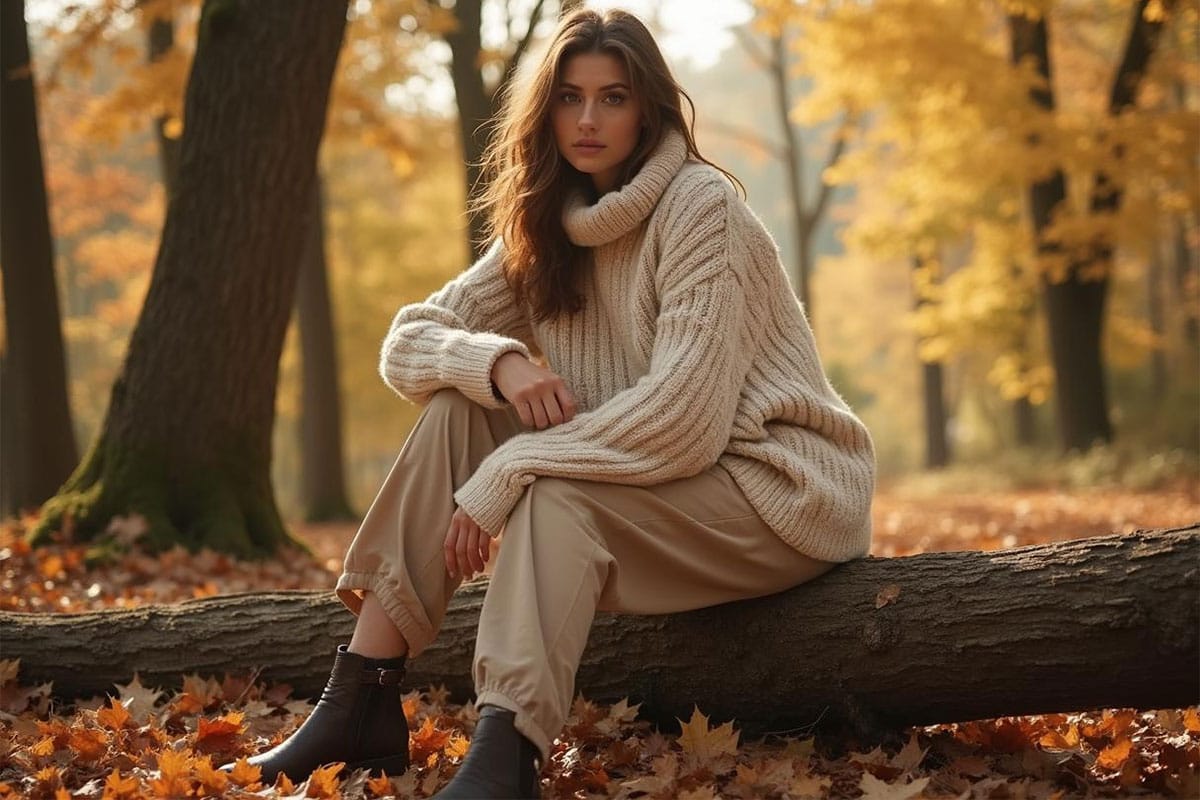 woman sitting on a tree truck, winter time wearing Chunky Knit Jumpers