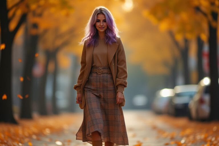 Lyra Kade standing confidently on a tree-lined autumn city street, golden leaves falling around her. She wears a stylish pleated maxi skirt in deep emerald with a tailored trench coat draped over her shoulders, paired with ankle boots. Warm golden-hour sunlight, cinematic editorial photography, sharp high-resolution fashion magazine aesthetic. A modern, professional look that conveys both style and authority.