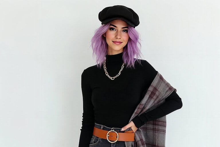 Lyra Kade A studio fashion shoot, She is styled in a black turtleneck, wide leather waist belt, Wool Beret and a single chunky gold necklace. A plaid scarf is casually draped over one arm. Clean white background, high-fashion magazine aesthetic.