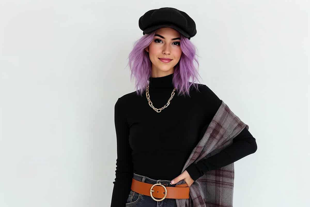 Lyra Kade A studio fashion shoot, She is styled in a black turtleneck, wide leather waist belt, Wool Beret and a single chunky gold necklace. A plaid scarf is casually draped over one arm. Clean white background, high-fashion magazine aesthetic.