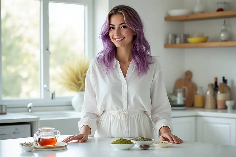 Editorial-style portrait in a bright, modern white kitchen. She is standing at a clean countertop, . A teapot and small bowls with chamomile flowers, matcha powder, and loose-leaf tea are placed neatly on the counter. Natural daylight fills the scene through a window, creating a soft, airy atmosphere. Photography style: lifestyle magazine, sharp focus, minimal props, calm and cozy mood. top 10 teas 2025