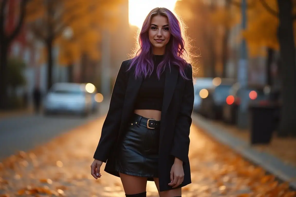 autumn skirts 2025 as modelled by Lyra Kade standing confidently on a tree-lined autumn city street, golden leaves falling around her. She wears a stylish pleated maxi skirt in deep emerald with a tailored trench coat draped over her shoulders, paired with ankle boots. Warm golden-hour sunlight, cinematic editorial photography, sharp high-resolution fashion magazine aesthetic. A modern, professional look that conveys both style and authority.