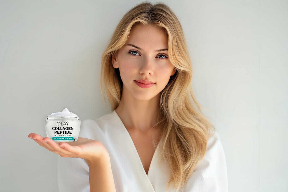 A beauty editorial portrait of a woman ,in a bright, minimal setting. She is wearing a simple white outfit, smiling softly, and holding out one hand in front of her as if ready to display a skincare product. The palm is open, relaxed, and empty. Natural daylight, glowing skin, clean background. Modern luxury skincare campaign aesthetic, professional photography for an article called Best Face Serums 2025
