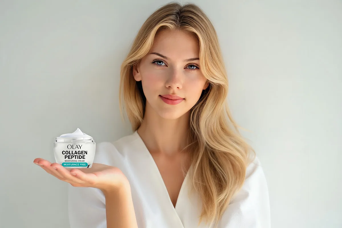 A beauty editorial portrait of a woman ,in a bright, minimal setting. She is wearing a simple white outfit, smiling softly, and holding out one hand in front of her as if ready to display a skincare product. The palm is open, relaxed, and empty. Natural daylight, glowing skin, clean background. Modern luxury skincare campaign aesthetic, professional photography for an article called Best Face Serums 2025