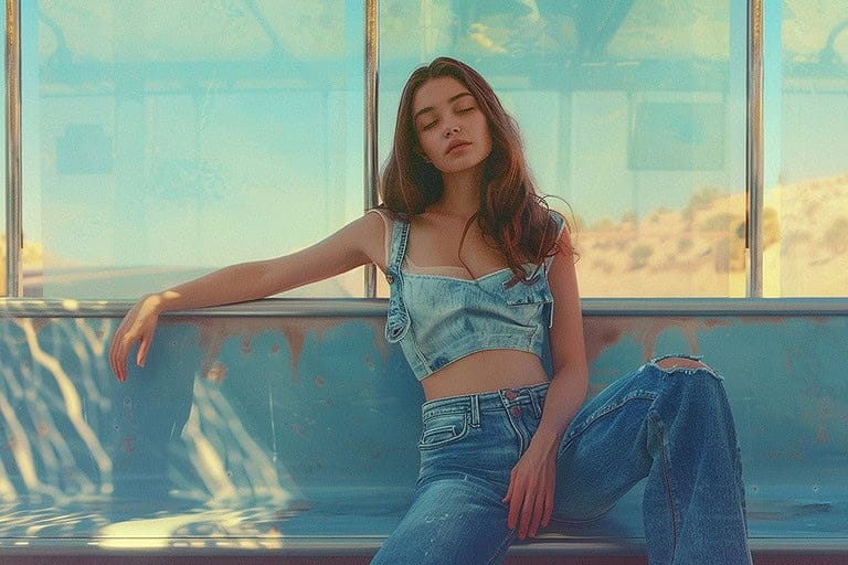 woman wears jeans in a bus shelter on a warm hot and sunny day