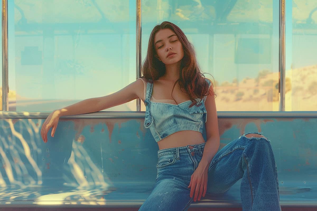 woman wears jeans in a bus shelter on a warm hot and sunny day