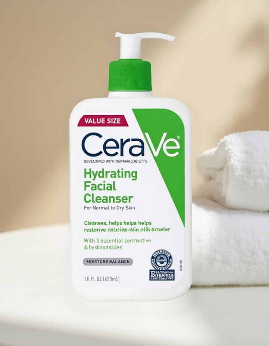 skincare product sat on a white table, white towels in the background