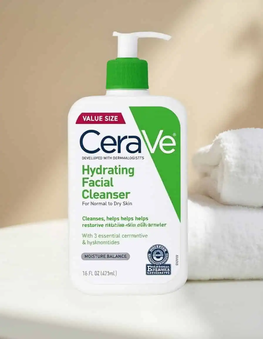 product-three-skincare skincare product sat on a white table, white towels in the background