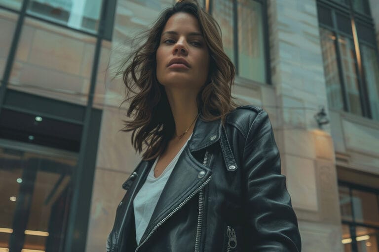 woman wearing leather jacket close up at an angle