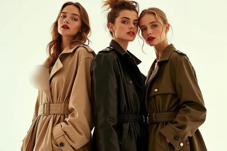 womens trench coats as fashioned by 3 models wearing different styles