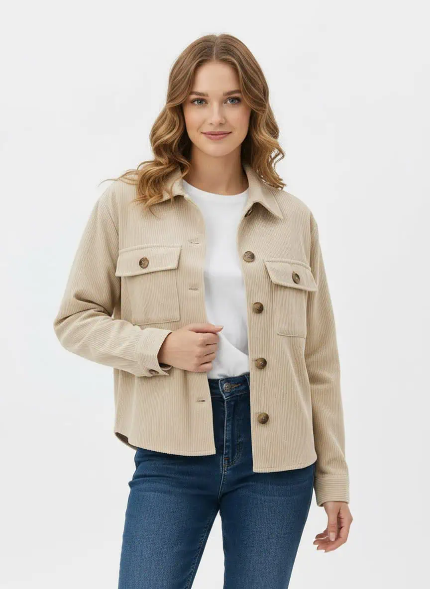 Firefly_Gemini-Flash_only-show-the-the-top-half-of-the-woman-wearing-the-jacket-559059 woman wearing a Zeagoo Womens Fashion Cropped Corduroy jacket