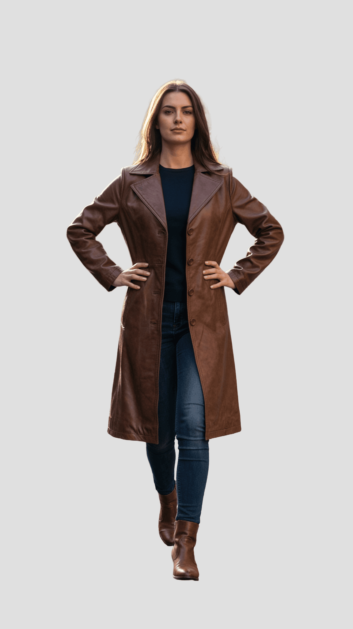Firefly_full-body vertical shot of the same model standing tall with both hands on her hips, 33089 (1) model wearing Decrum Womens Real Lambskin Leather Coat