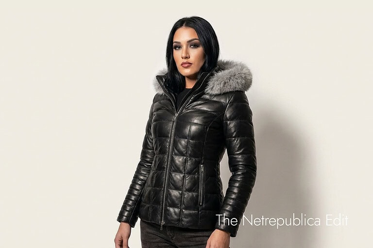model wearing a puffer jacket studio background
