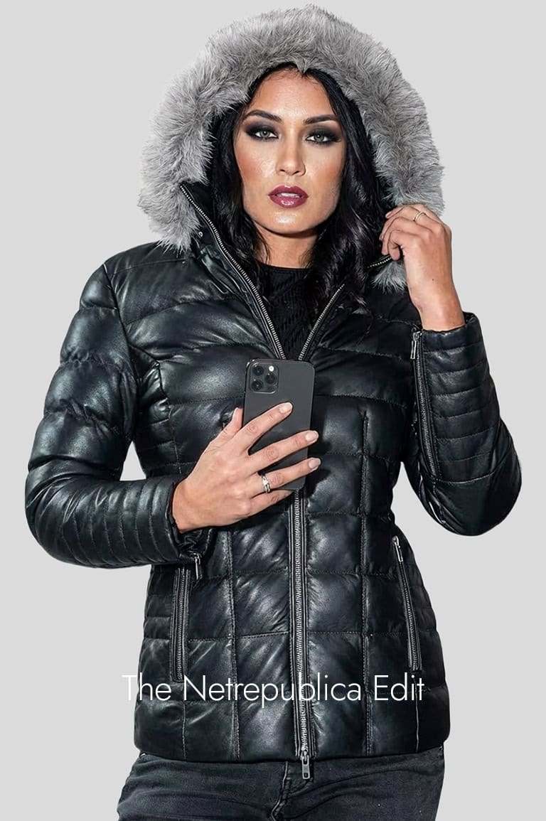 Jild-Lambskin-Leather-Puffer-Jacket-Womens-2025 model wearing a Jild Lambskin Leather Puffer Jacket Womens, grey background