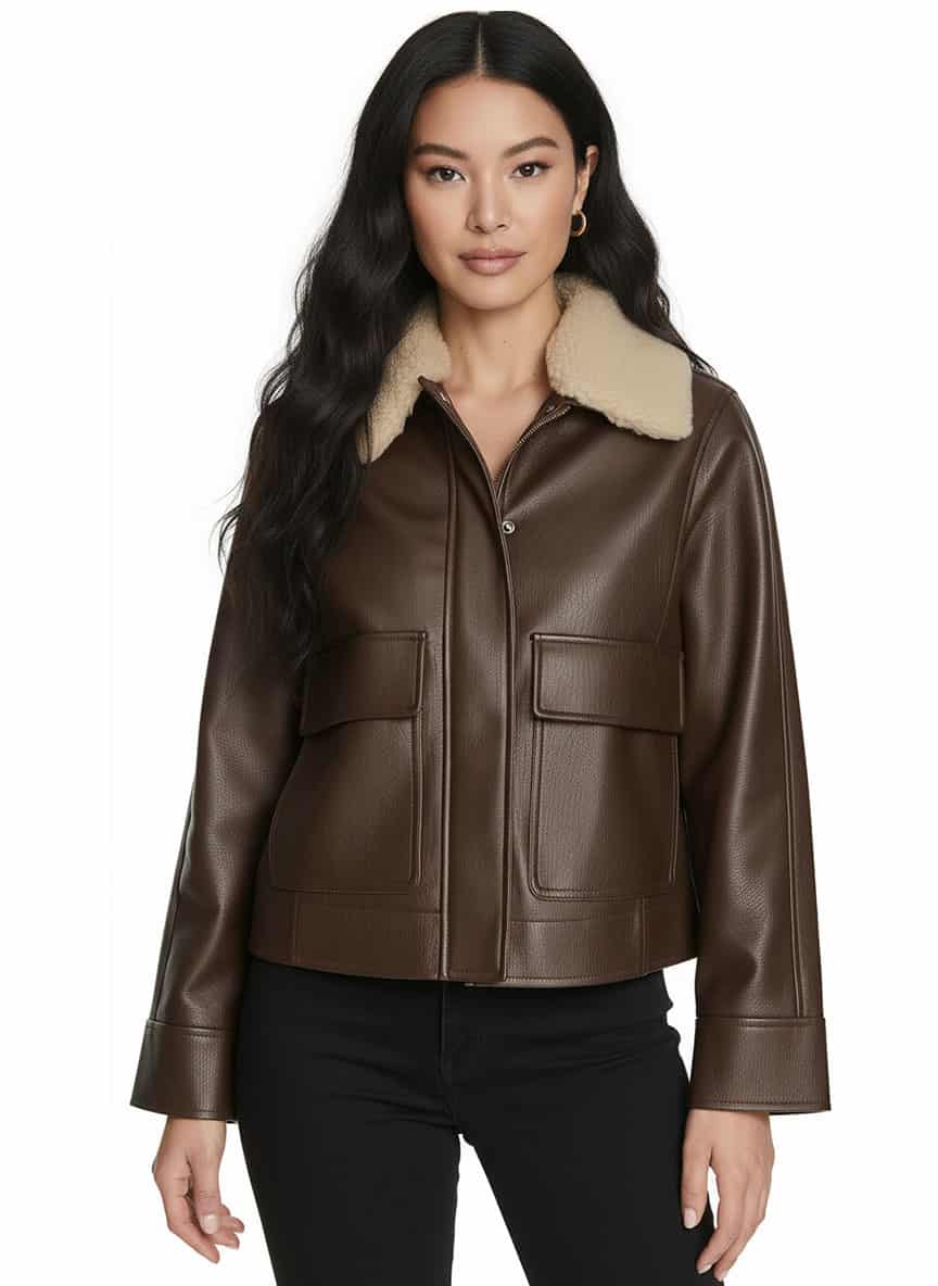 Levi's-womens-Relaxed-Faux-Leather-Aviator-Jacket-With-Removable-Sherpa-Collar Model wearing a Levi's womens Relaxed Faux Leather Aviator Jacket With Removable Sherpa Collar