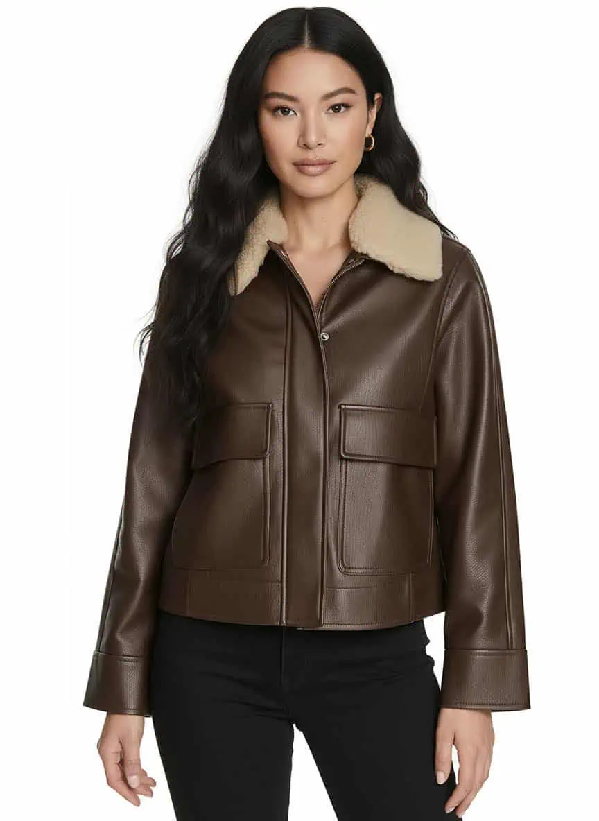 Levi's-womens-Relaxed-Faux-Leather-Aviator-Jacket-With-Removable-Sherpa-Collar Model wearing a Levi's womens Relaxed Faux Leather Aviator Jacket With Removable Sherpa Collar