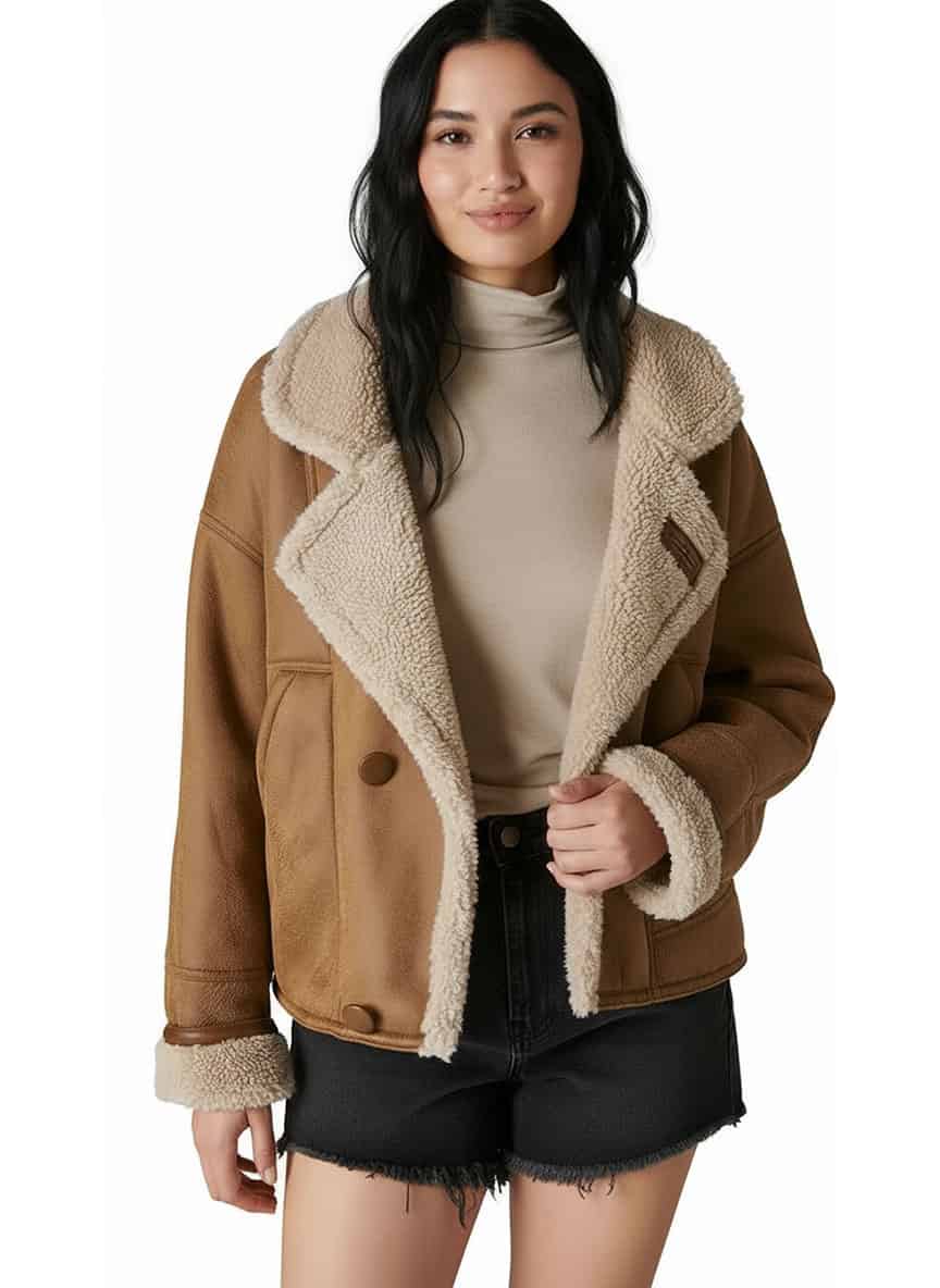 Lucky-Brand-Women's-Faux-Shearling-Moto-Jacket woman wearing a Lucky Brand Women's Faux Shearling Moto Jacket, white background studio