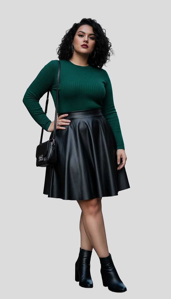 curvy model wearing a Plus Size Pleated Skirts PU Leather Skirt