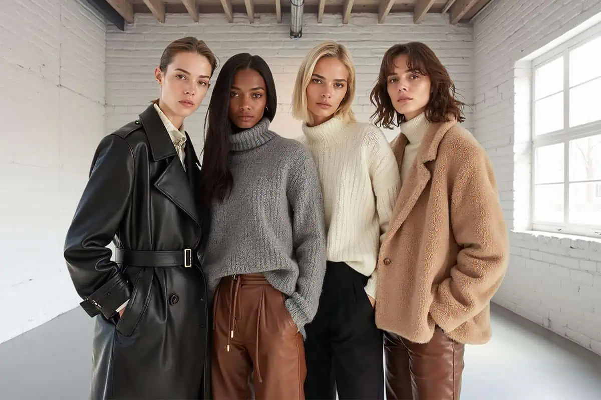 Four fashion-forward women posing for a luxury winter 2025 fashion editorial in a minimalist white studio. Each showcases a distinct winter texture look: – One wears a black matte leather trench coat with belt detail and sharp tailoring. – One wears brown leather trousers with a soft grey cable-knit wool sweater layered over a white shirt. – One wears a cream oversized knitted wool turtleneck sweater, relaxed yet elegant. – One wears a short faux fur jacket in warm beige, styled with dark trousers or a leather skirt. The models have different facial features, skin tones, and hair textures — representing natural diversity and individuality. Each stands in a confident, editorial pose, slightly varied in angle and stance to show the contrast between materials. The lighting is soft, diffused, and balanced, highlighting the sheen of leather, the plush texture of faux fur, and the weave of wool. Composition is full-body, ultra-realistic, and ready for magazine layout. High-resolution, white background, neutral color palette (black, brown, cream, grey, beige), professional studio photography aesthetic, Vogue-level realism. Its a featured image for Winter Textures 2025