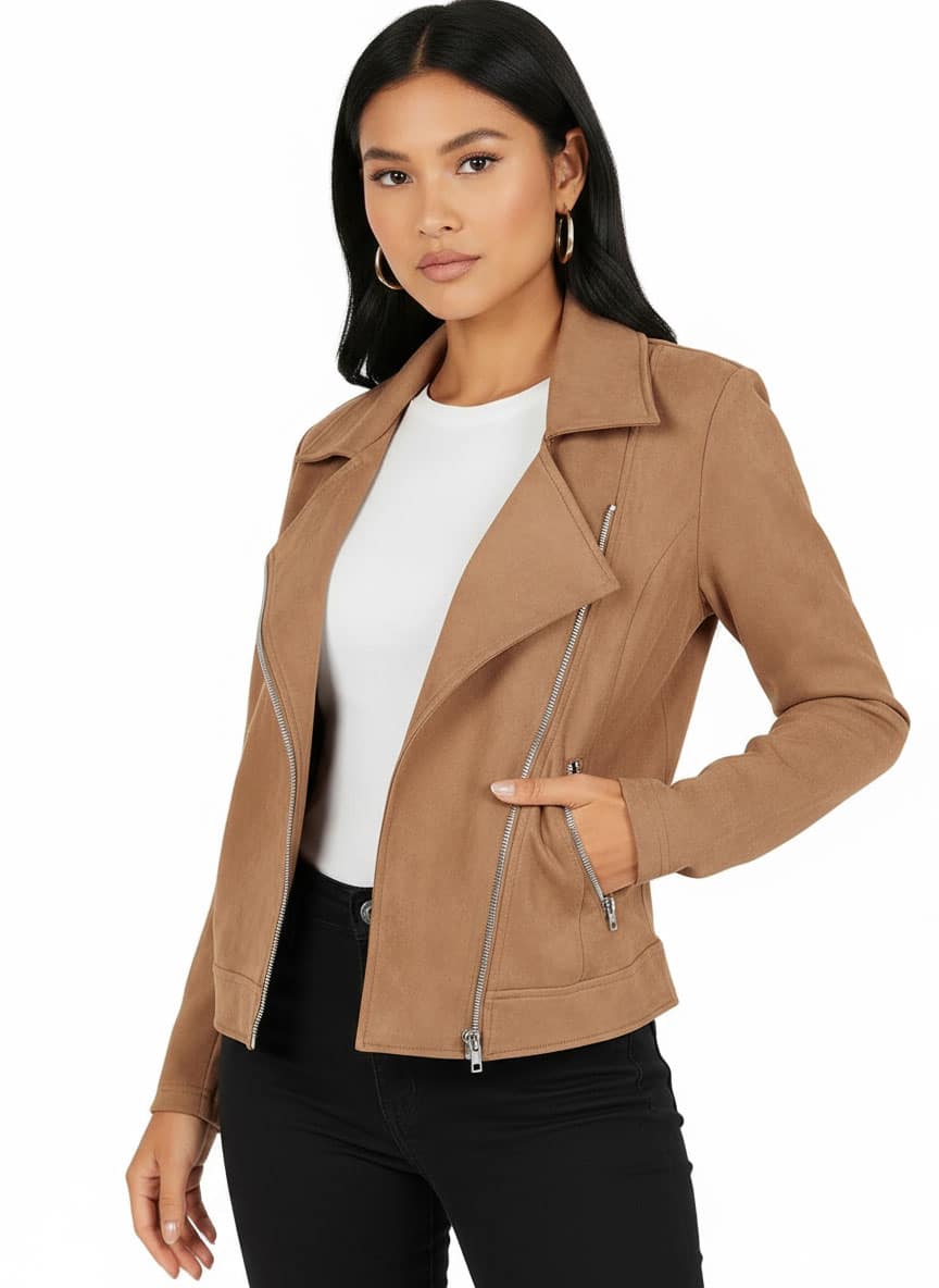 Womens-Faux-Suede-Jacket woman wearing a suede jacket white background