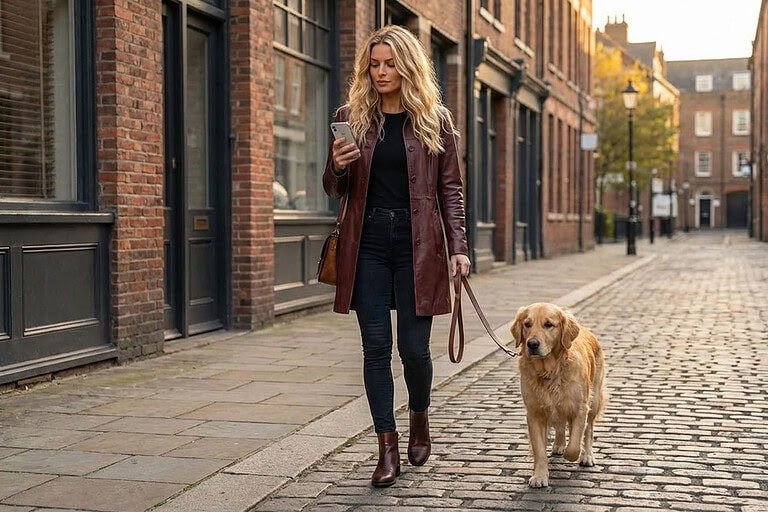 Model walking a dog wearing a Womens Lambskin Leather Car Coat
