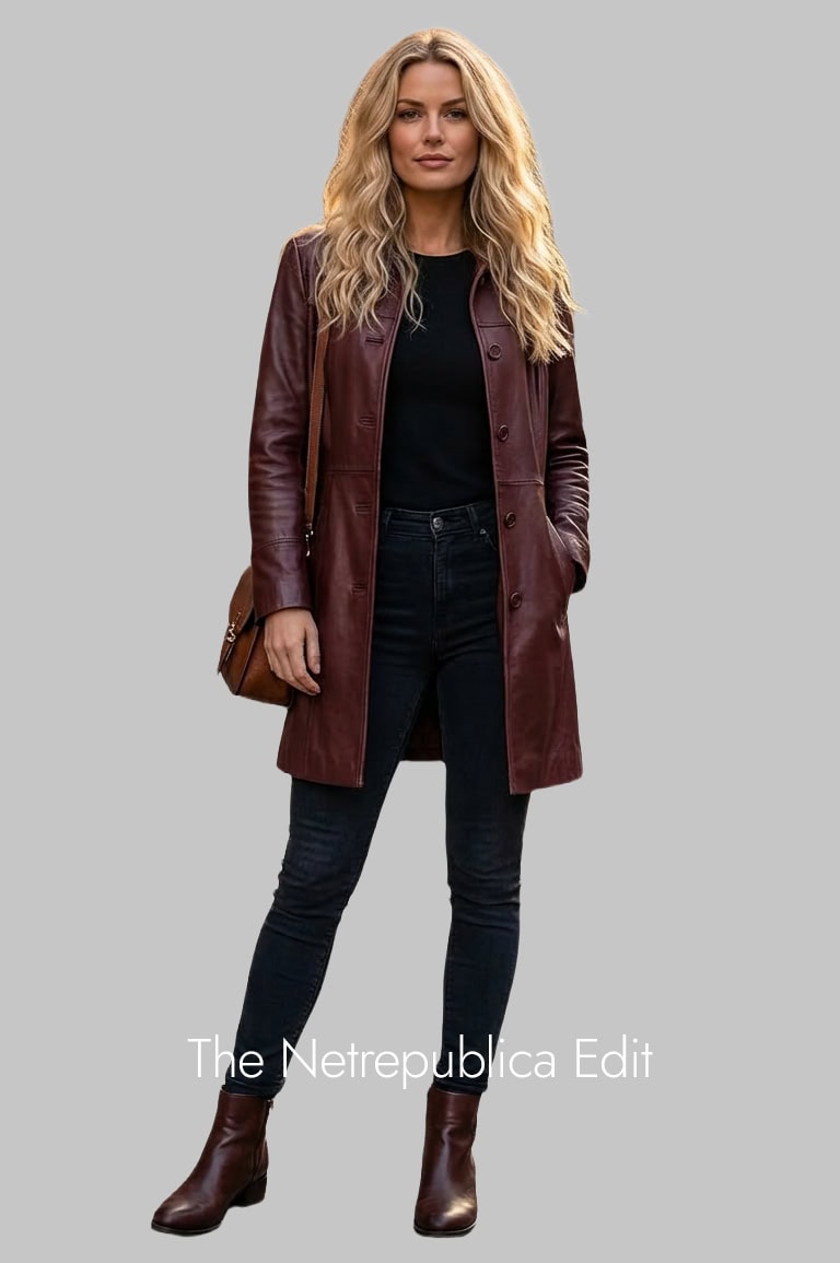 Womens-Lambskin-Leather-Car-Coat-studio model wearing a Womens Lambskin Leather Car Coat