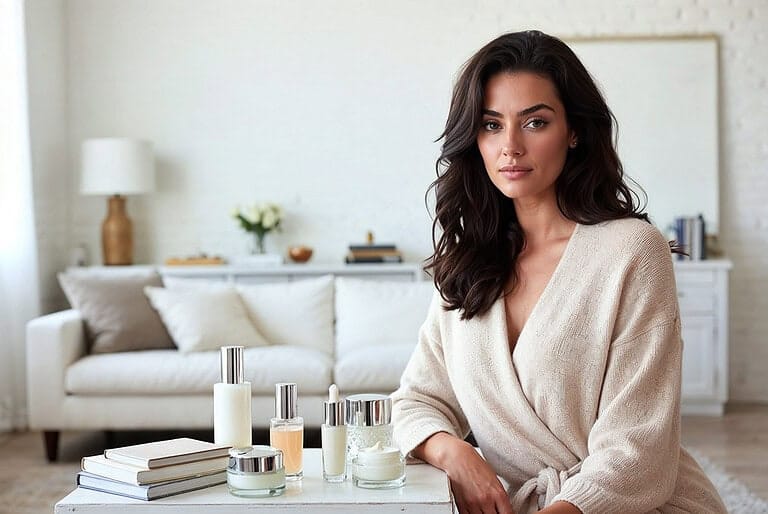 woman model in her living room displaying products on a white table, best moisturizers 2025