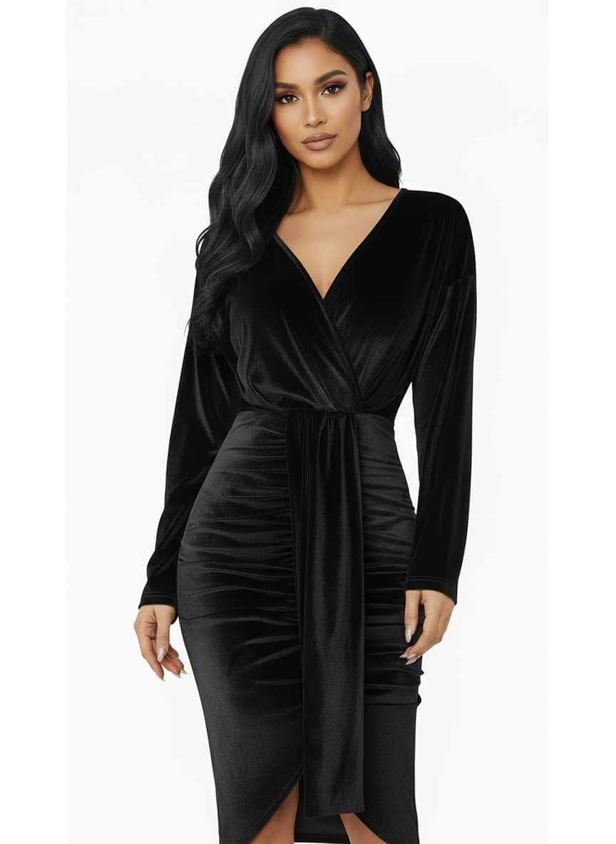 coctail-dress-velvet V Neck Long Sleeve Ruched Dress Sexy Velvet Cocktail Party Evening Club Midi Dress