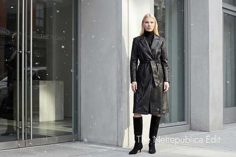Model outside a hotel entrance in new york, wearing a Jamie Trench Coat