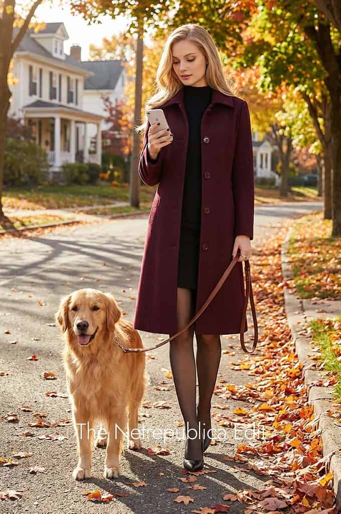 woman walking her dog on an autumns day in a Jenkoon Women’s Wool Trench Coat