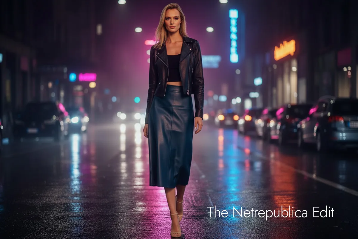 model wearing long leather skirt walking down a street at night, neon lighting