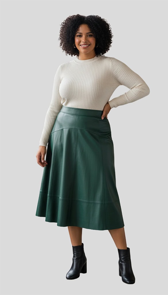 model wearing a plus sie leather skirt