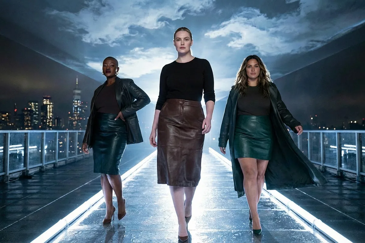 3 fashion models wearing Plus Size Leather Skirts