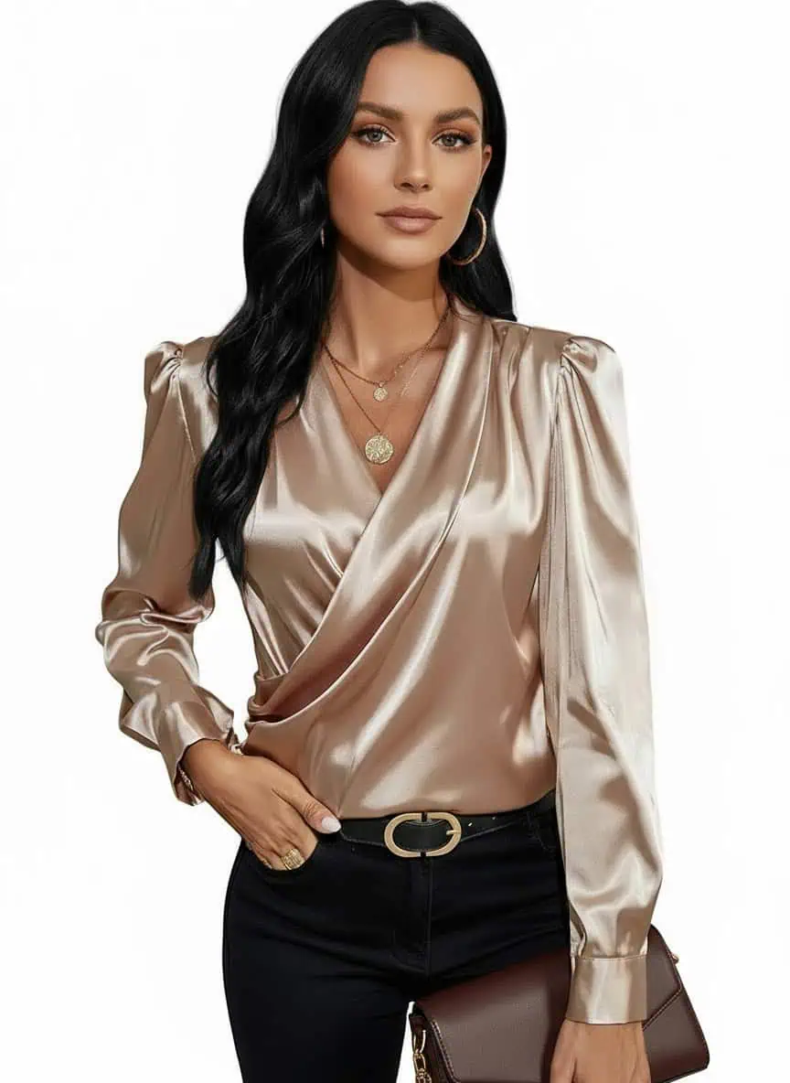 woman-satin-blouse-2 woman posing in a satin blouse holding a brown clutch bag